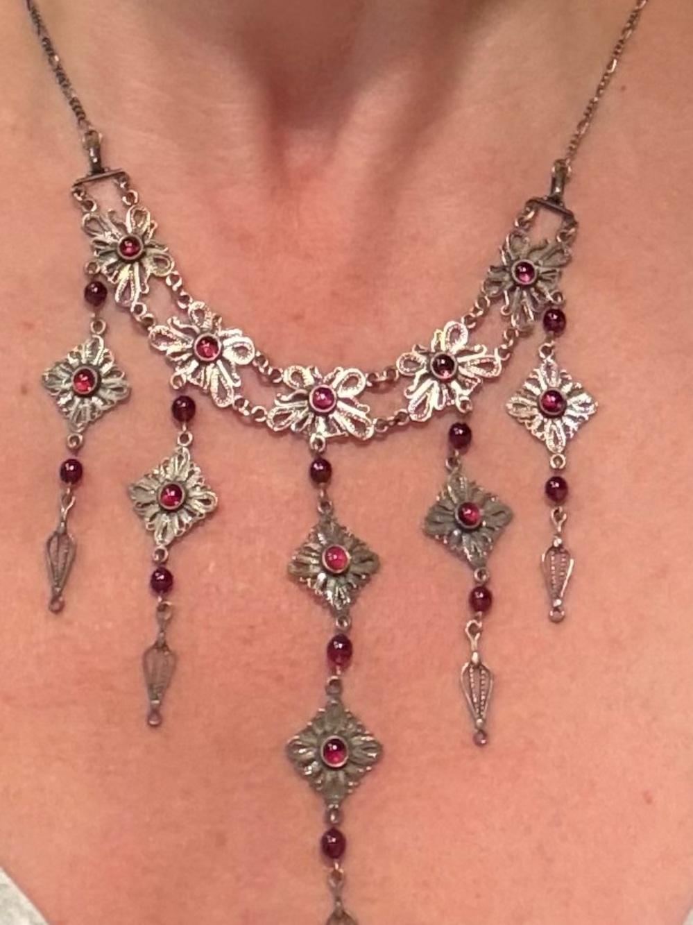 Vintage Etruscan style statement necklace intricate silver filigree and garnet